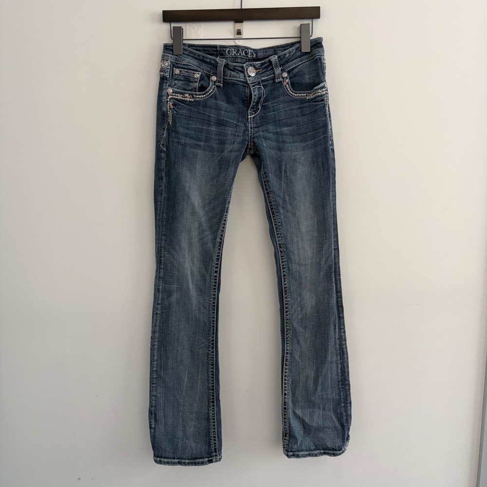 Grace in LA Women Bootcut Jeans Blue Embroidered Beaded Flap Pocket Denim Sz 28